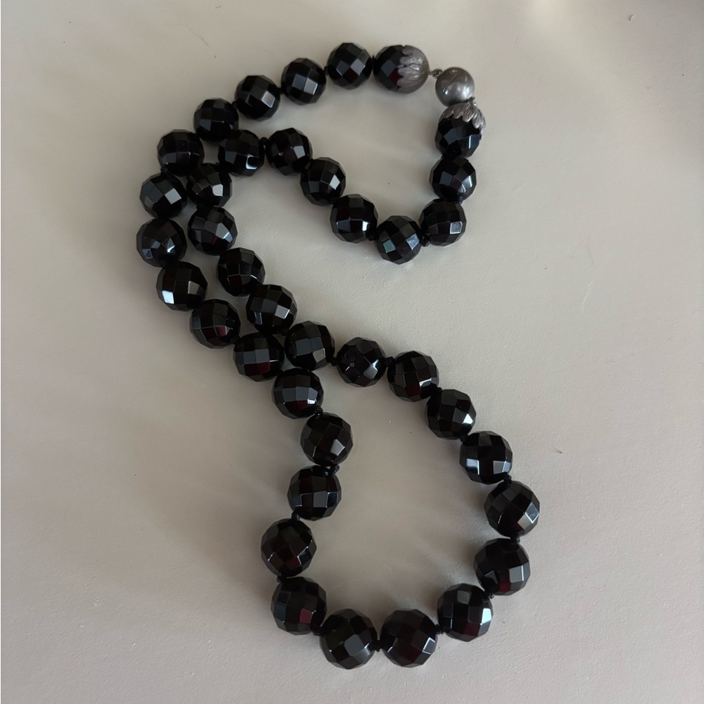 Bold Faceted Black Onyx Necklace Sterling Silver Clasp 23” Statement